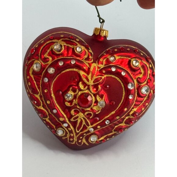 Dillards Handcrafted Glass Heart Ornament Red Jeweled 3" x 3 1/4" Boxed - Picture 5 of 6